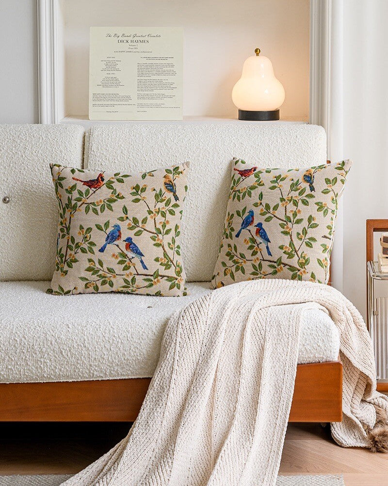 Cream blue bird floral pillow cover, cotton blend botanical