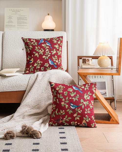 Berry red blue bird floral pillow cover, cotton blend cottage