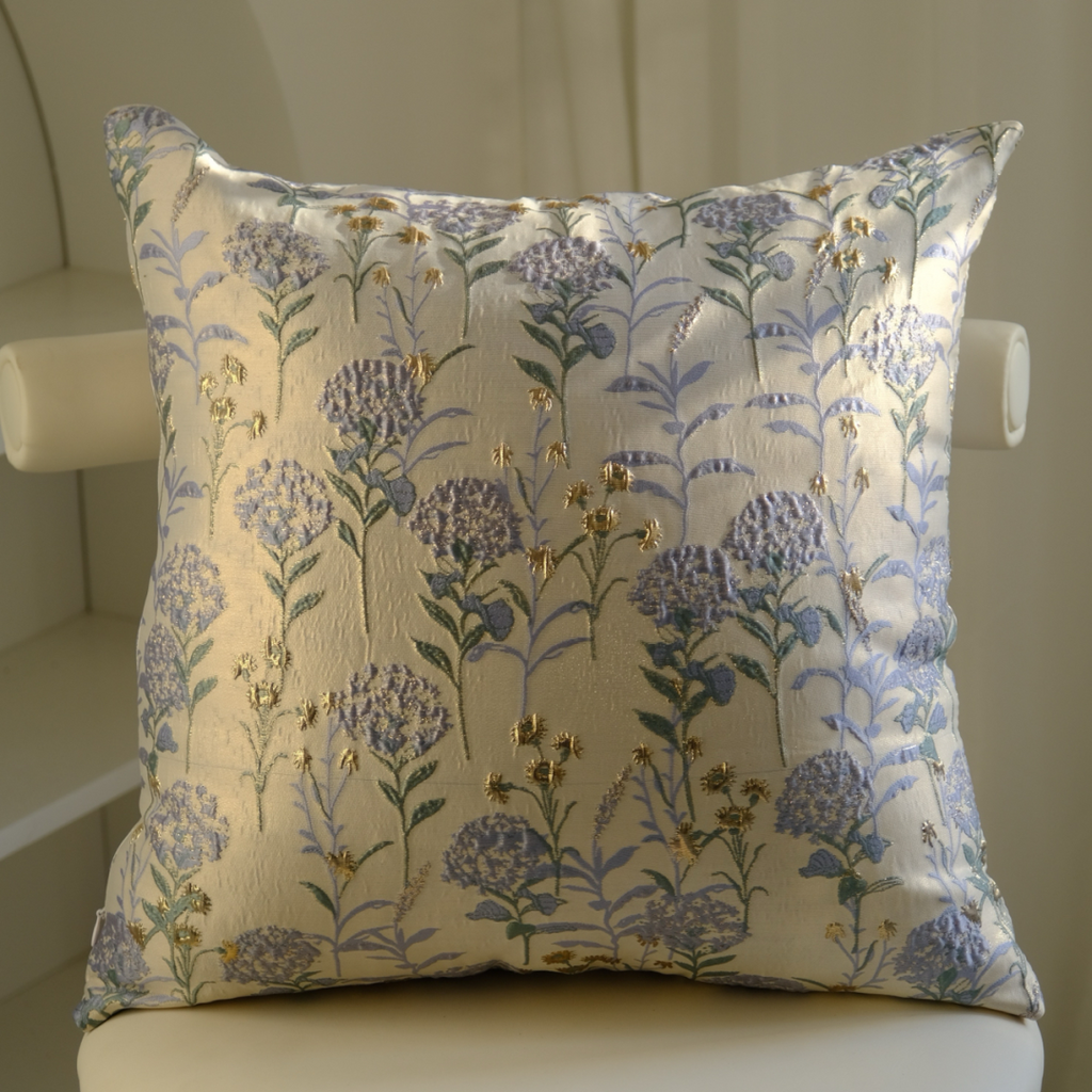 Hydrangea floral pillow covers in dusty blue
