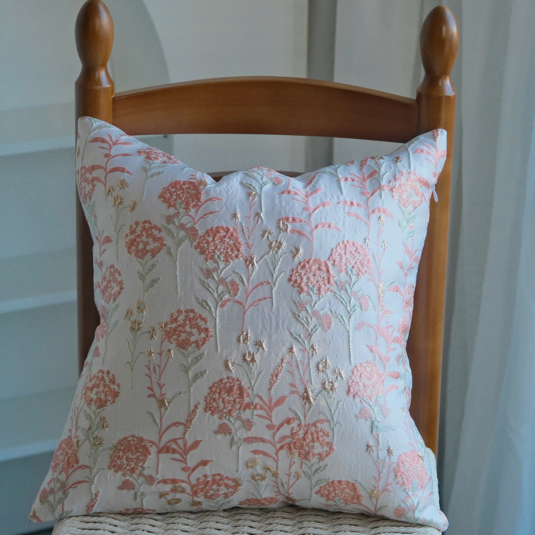 Hydrangea floral pillow covers in soft rose