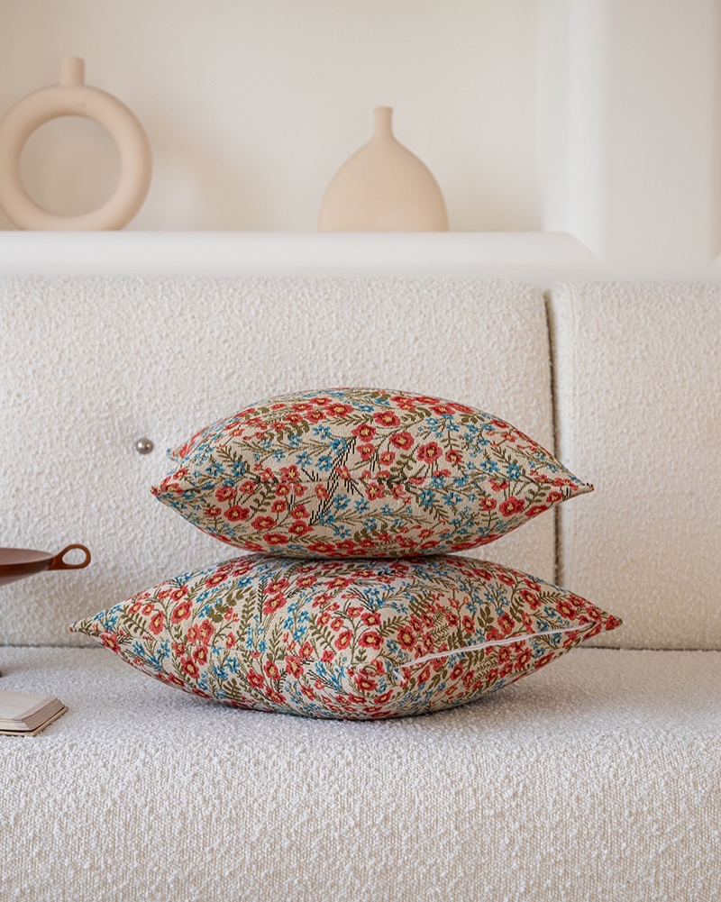 Red Meadow Pillow Cover — Cotton Blend Block Print Cottage Cushion Case