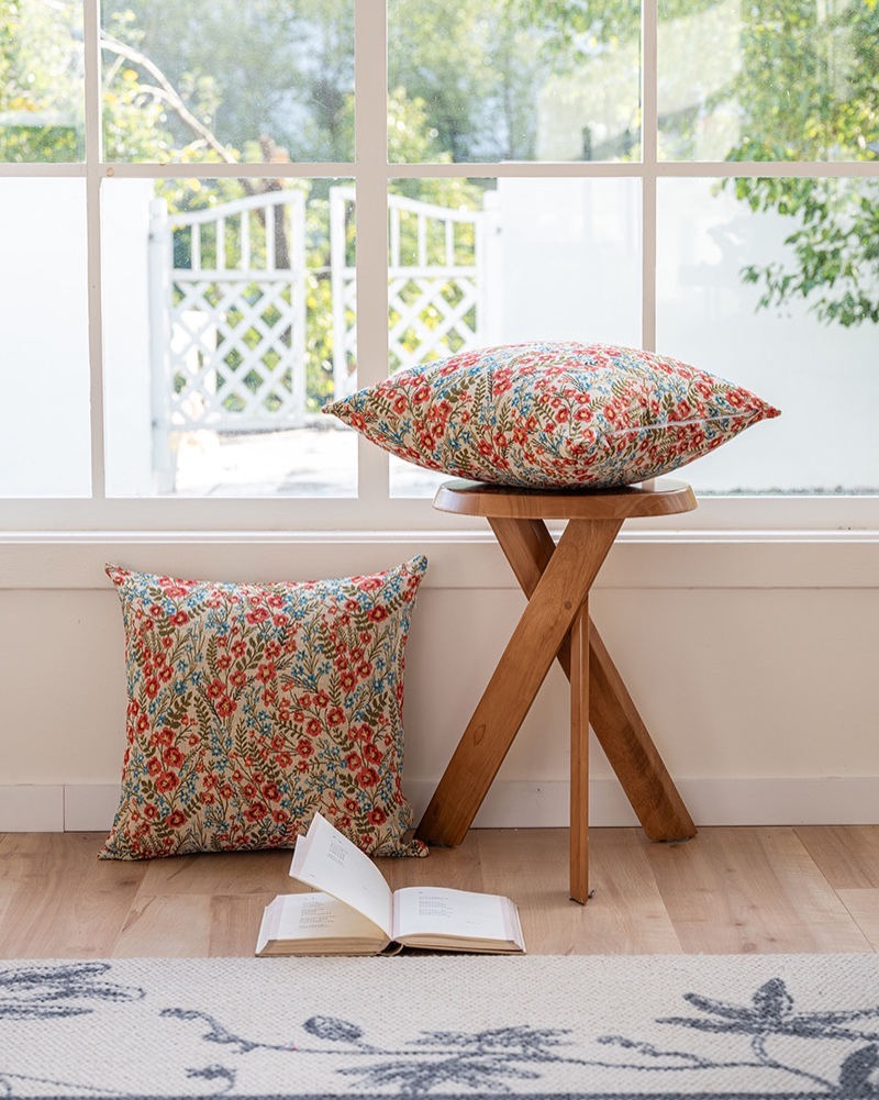 Red Meadow Pillow Cover — Cotton Blend Block Print Cottage Cushion Case