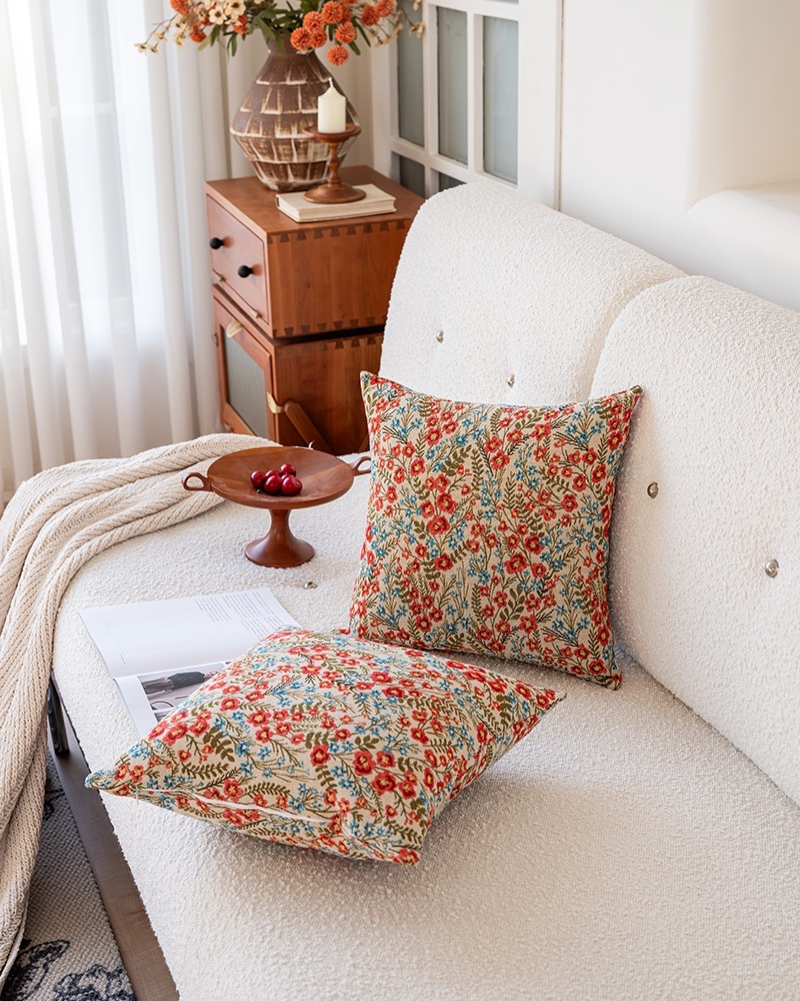 Red Meadow Pillow Cover — Cotton Blend Block Print Cottage Cushion Case
