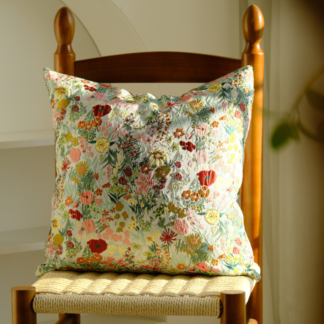 Cottage wildflower pillow cover, multicolor floral cotton blend