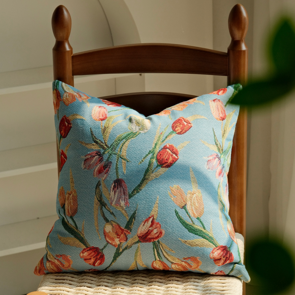 Tulip floral pillow cover, blue cotton blend embroidered look