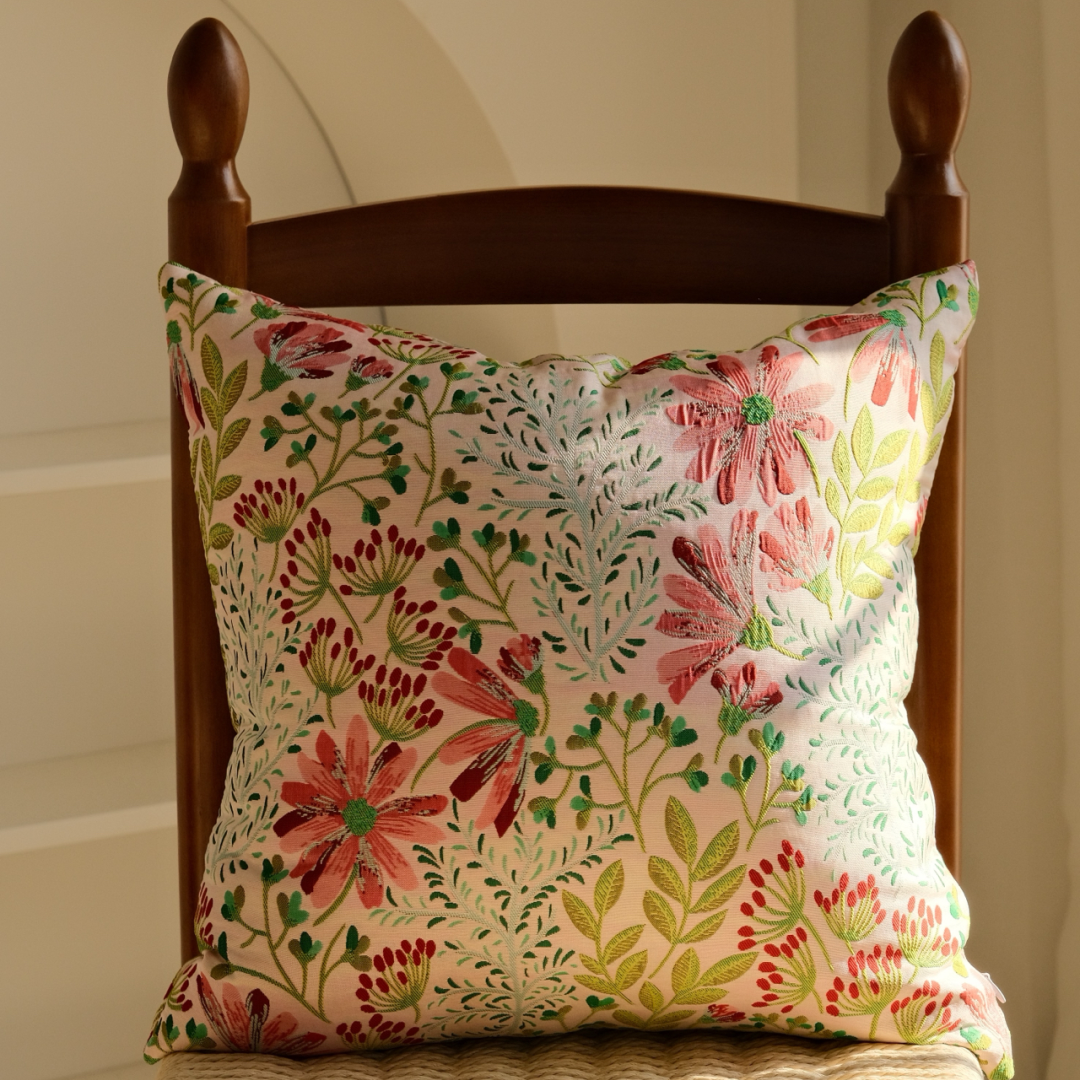 Wildflower embroidered pillow cover, pink floral cotton blend