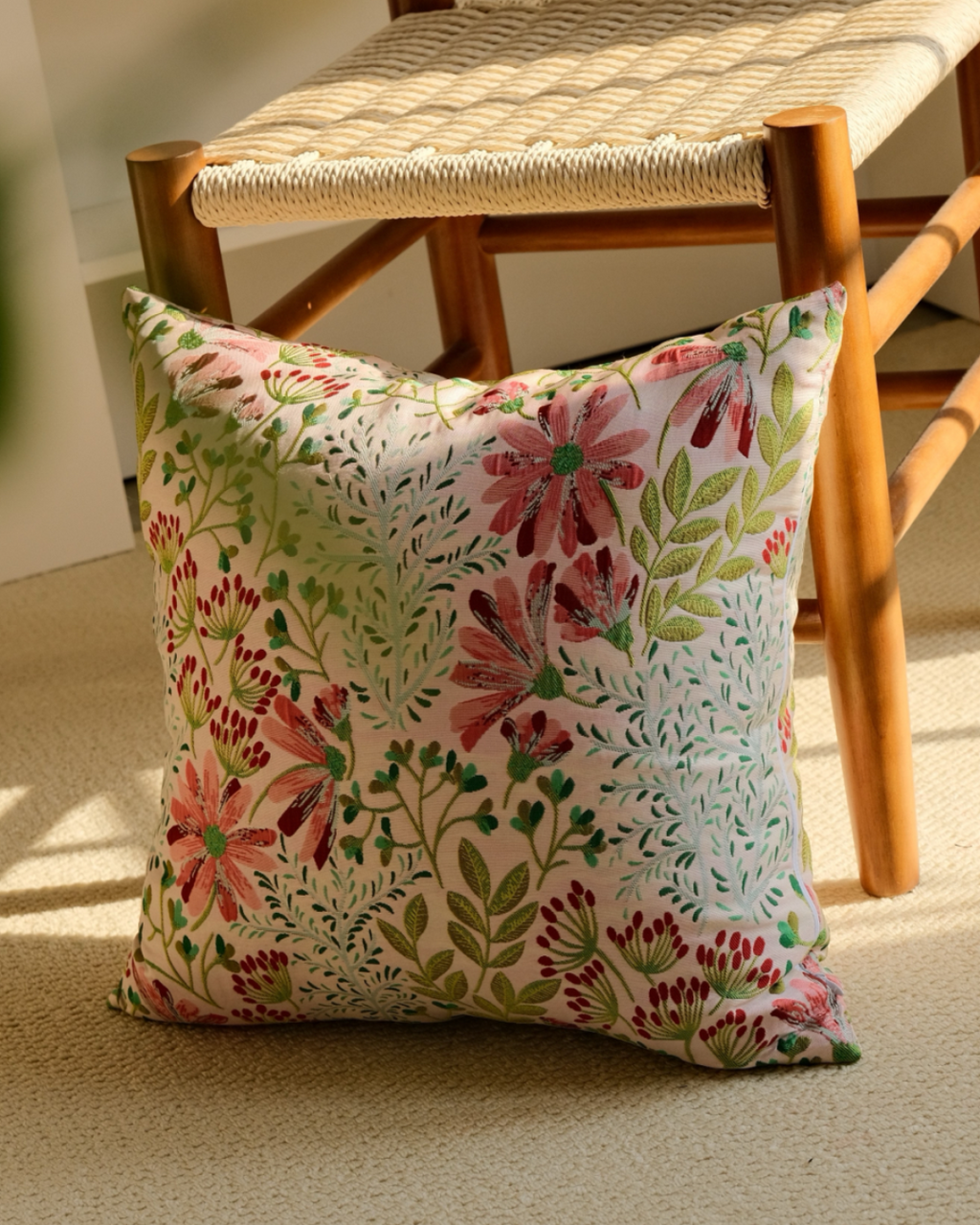 Wildflower embroidered pillow cover, pink floral cotton blend