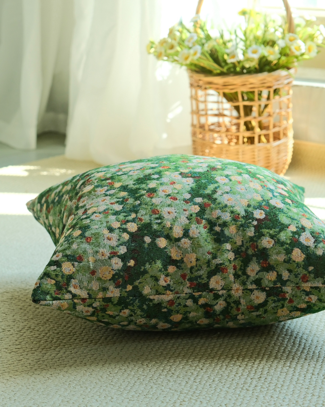Forest green floral cushion cover with cottage garden pattern