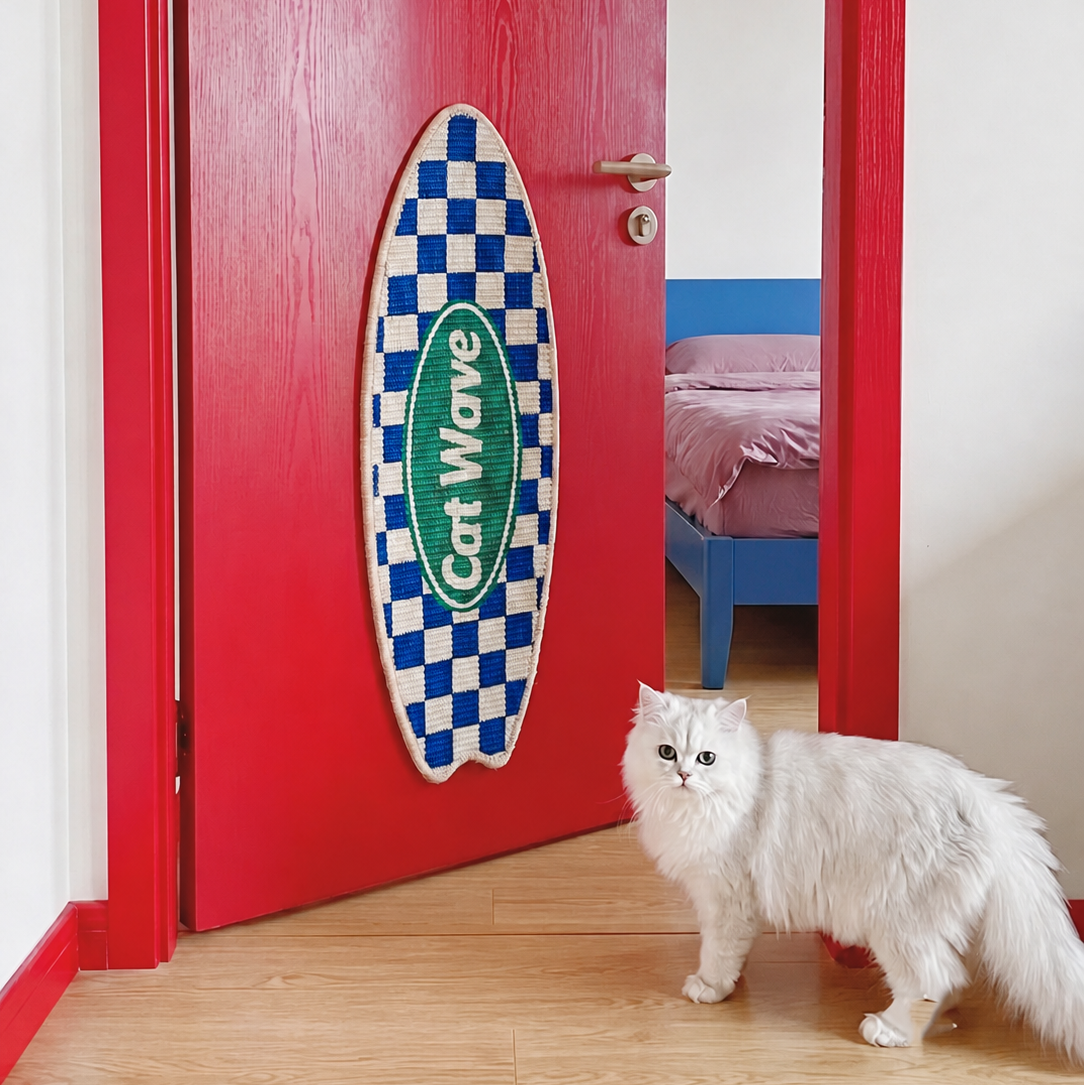 Surfboard wall mounted sisal cat scratcher in Cat Wave design