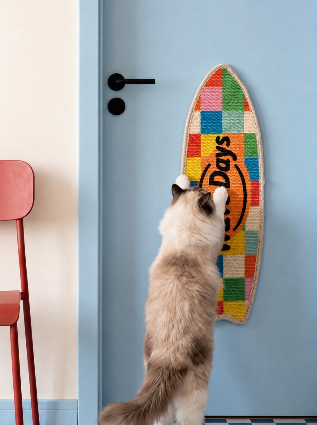 Surfboard wall mounted sisal cat scratcher in Wave Days design