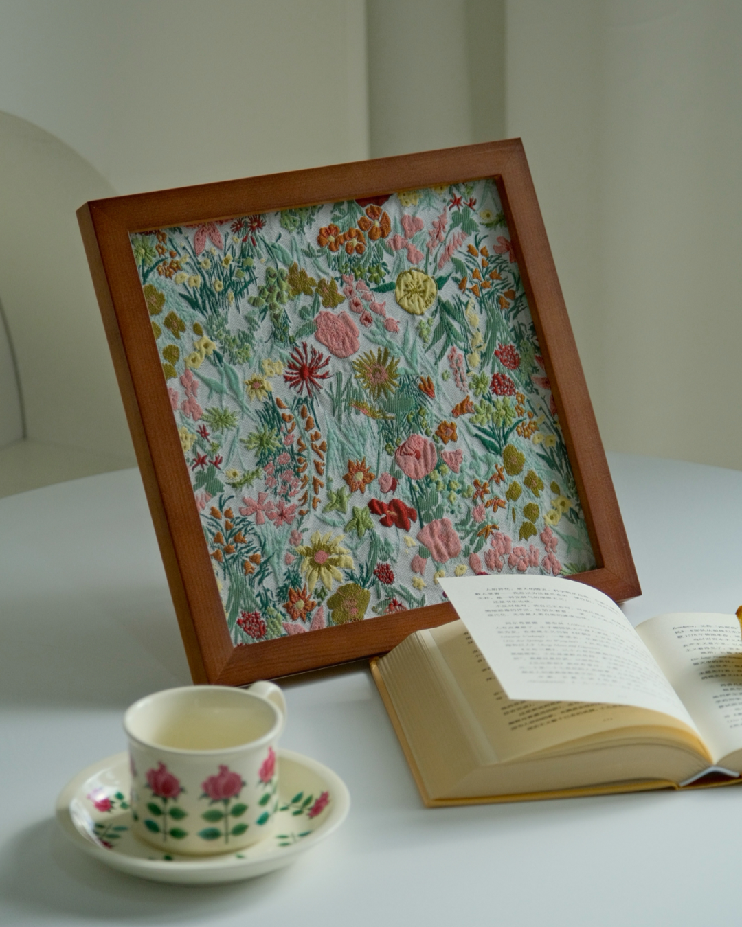 Wildflower botanical framed fabric art with walnut finish