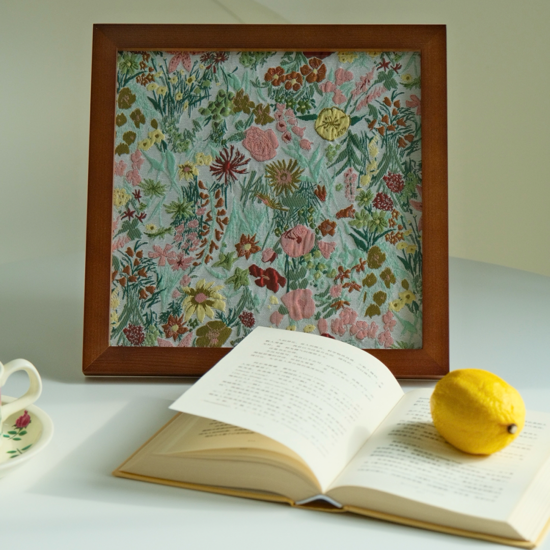 Wildflower botanical framed fabric art with walnut finish