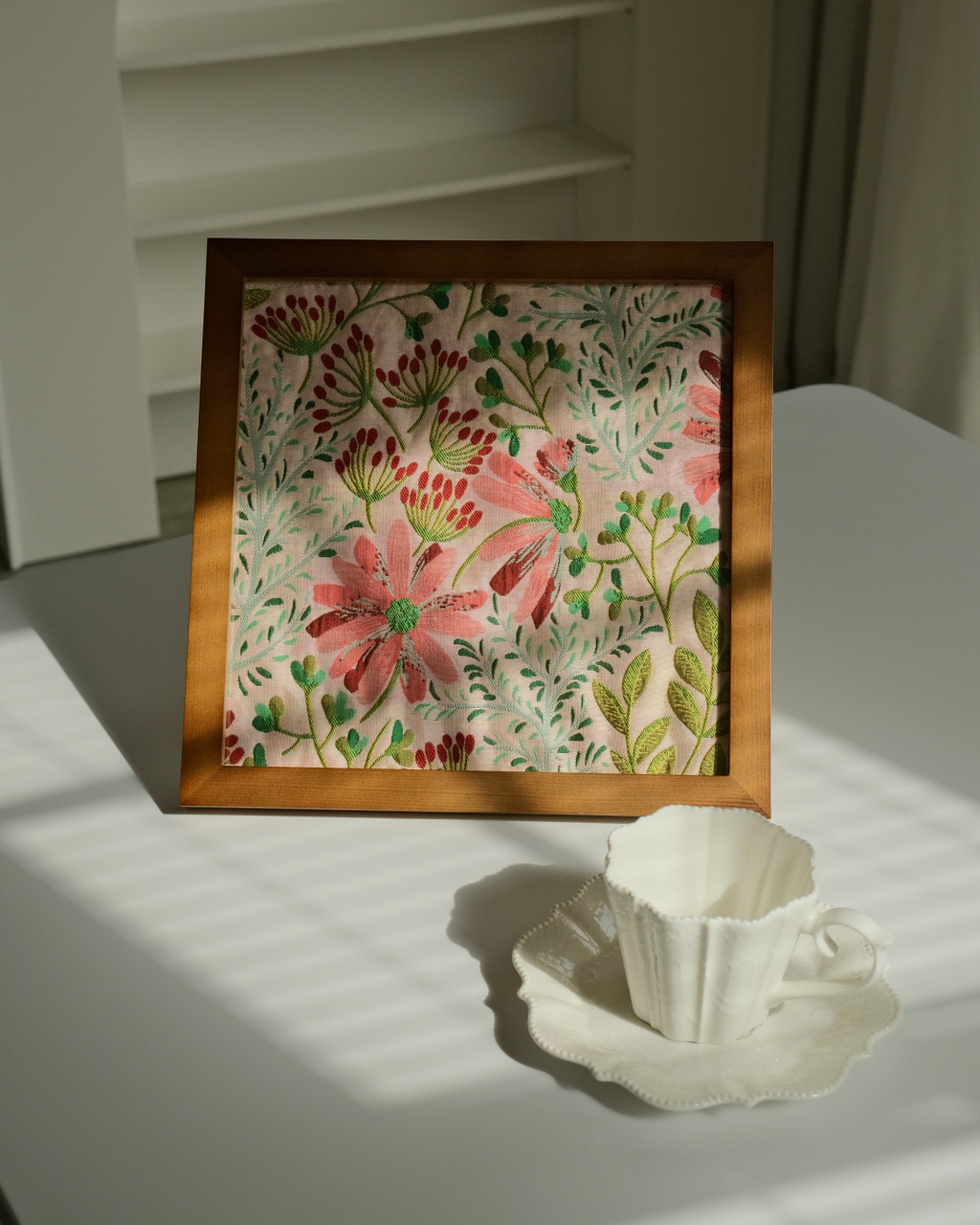 Cottagecore pink daisy framed textile artwork
