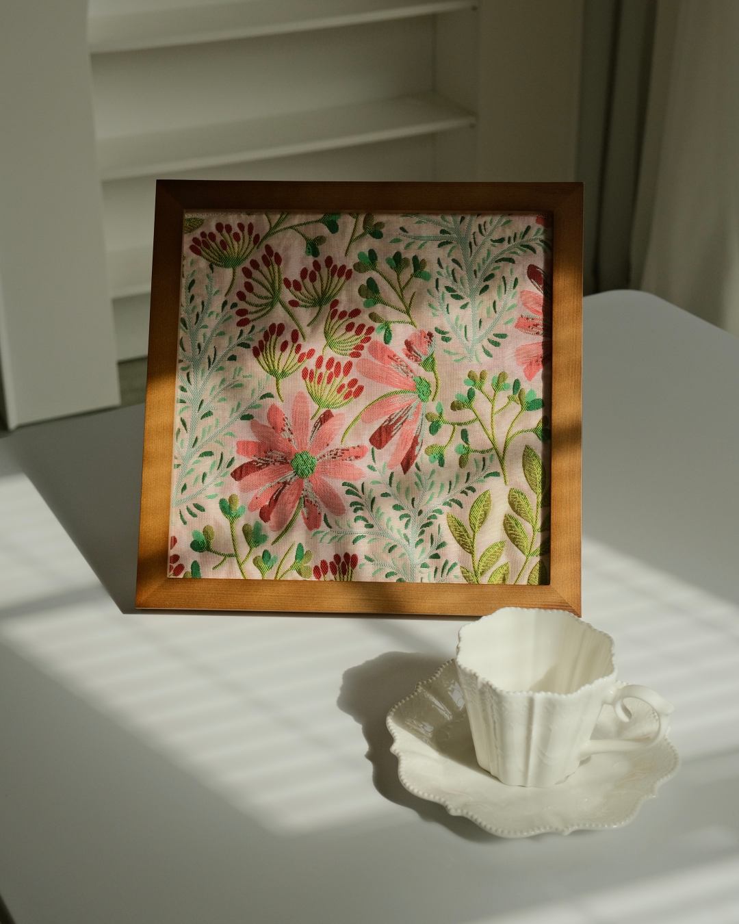 Cottagecore pink daisy framed textile artwork