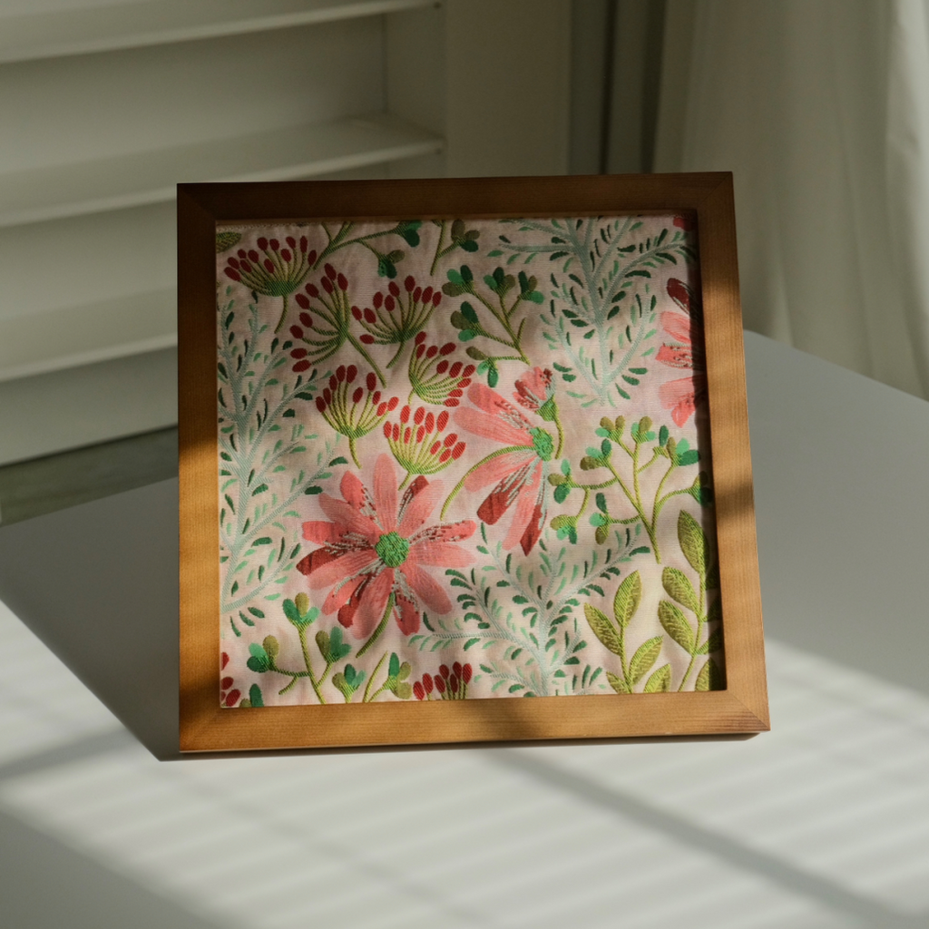 Pink daisy framed fabric art with walnut finish