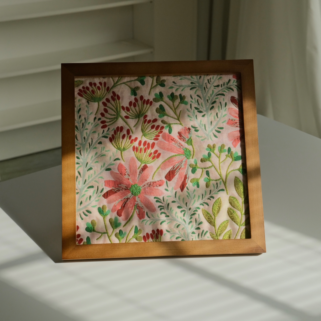 Pink daisy framed fabric art with walnut finish