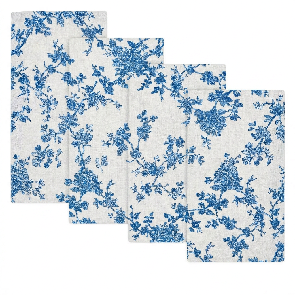 Blue Floral Toile Cloth Napkins Set — Cotton French Country Farmhouse