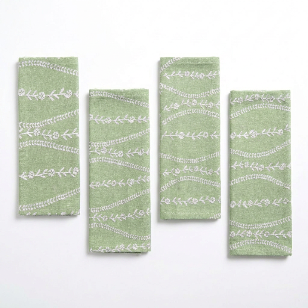 Sage Green Botanical Stripe Cloth Napkins Set — Cotton Farmhouse