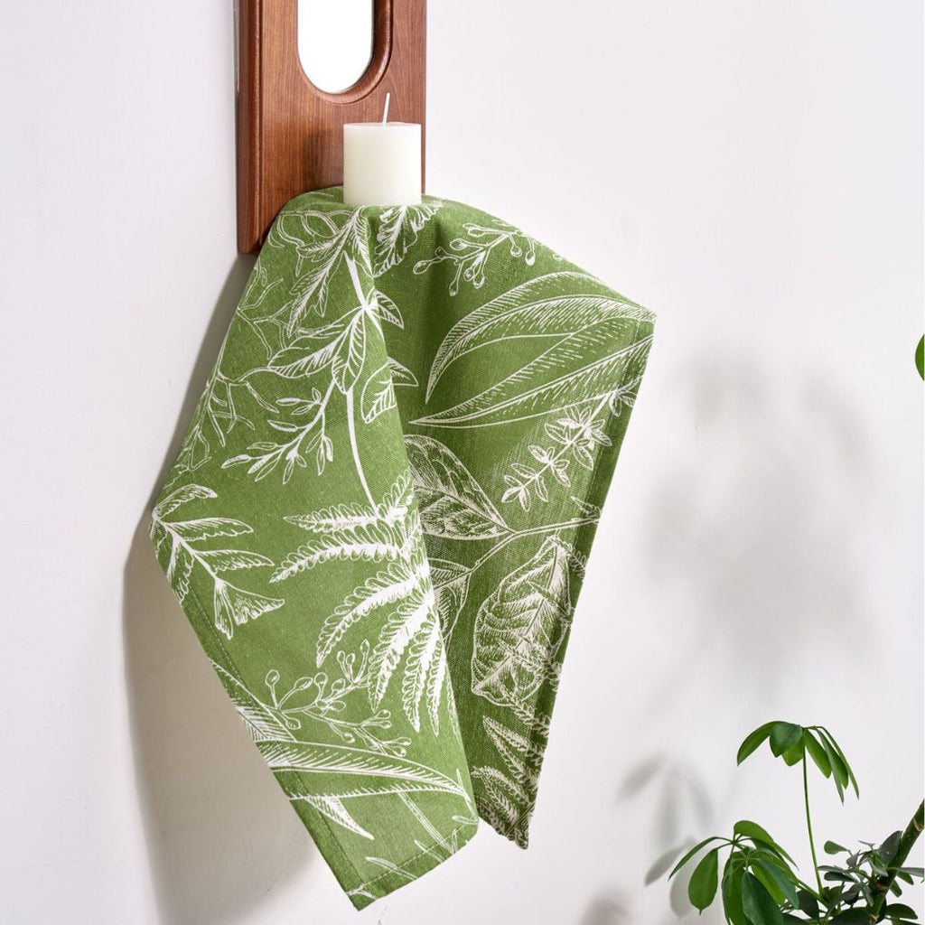 Soft sage green fern napkin draping, light cotton blend