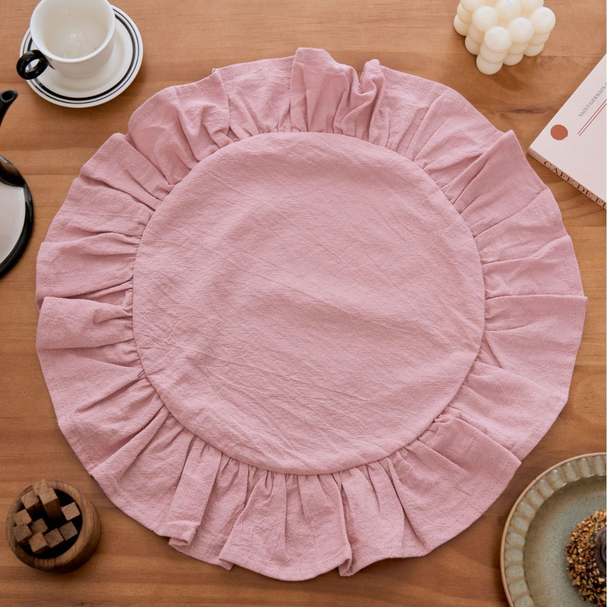 Blush pink ruffle round placemat for farmhouse table