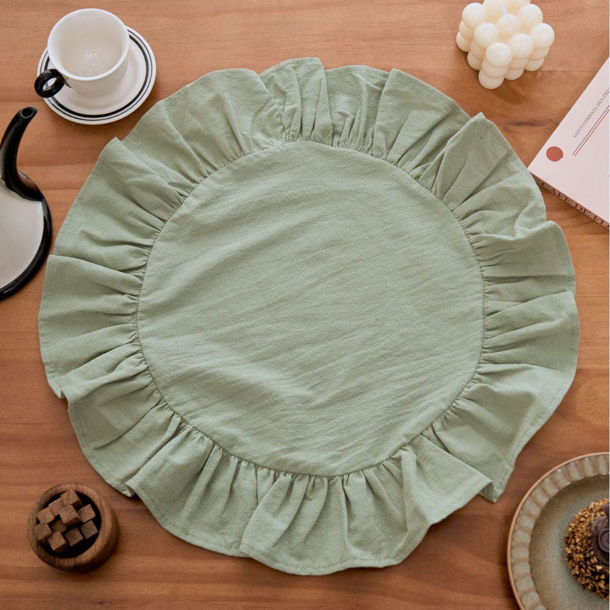 Sage green ruffle round placemat, cotton blend