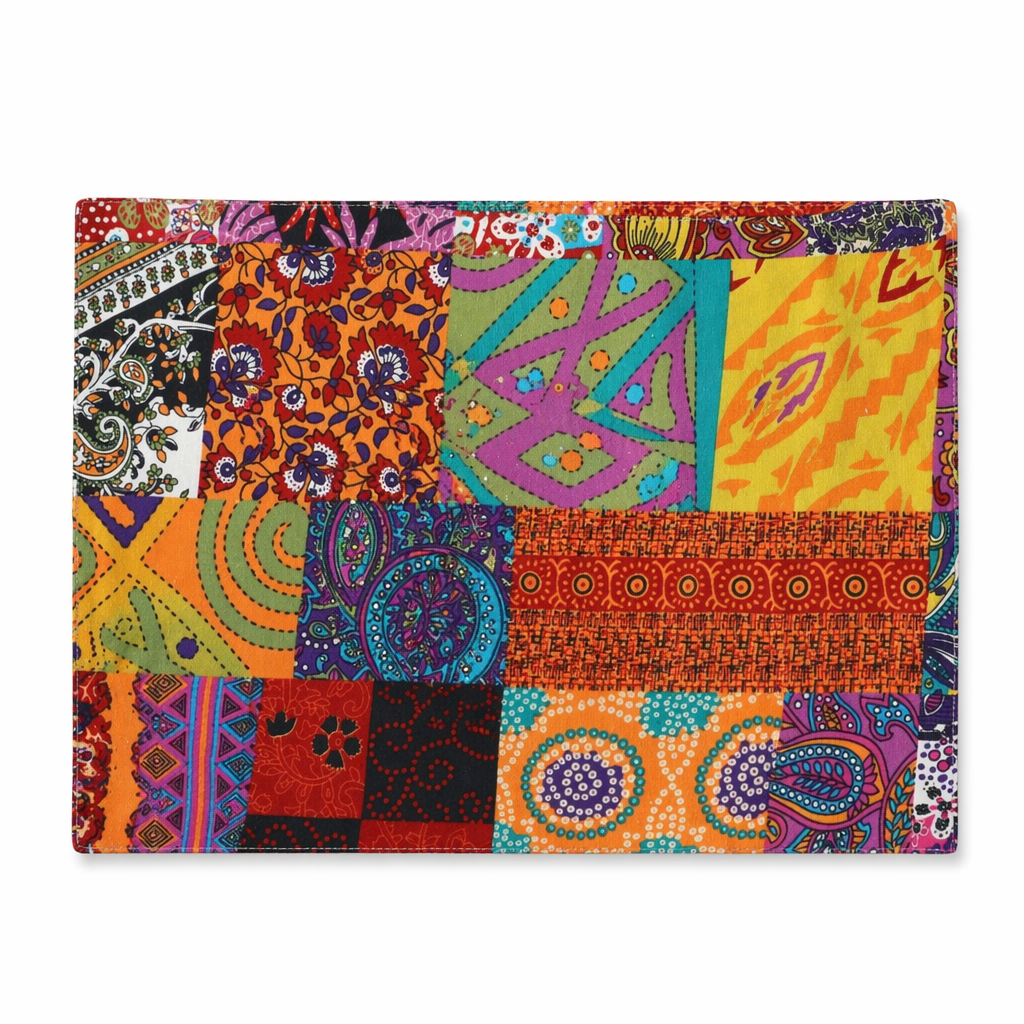 Boho patchwork placemat, cotton linen blend rectangular