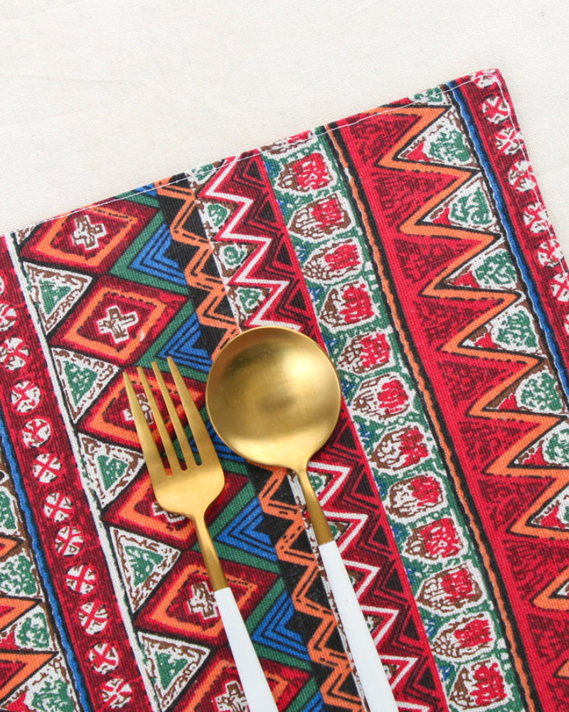 Close-up of woven Aztec tribal stripe pattern on placemat