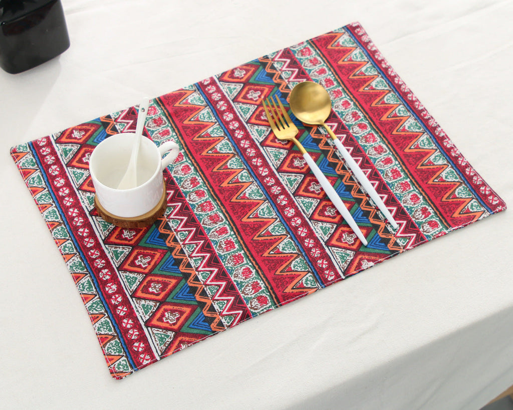 Red Aztec stripe placemat, cotton linen rectangular boho