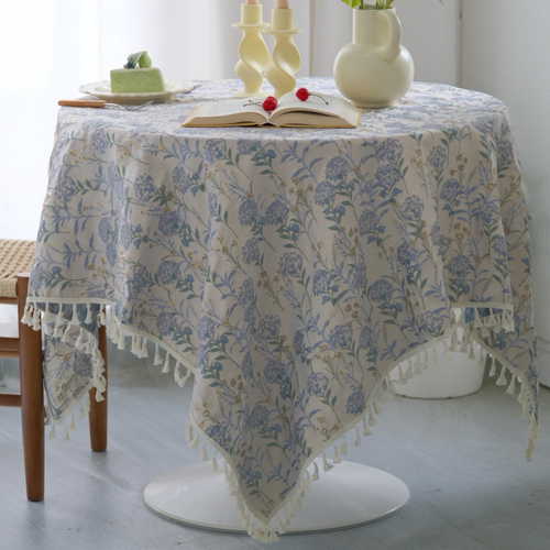 Blue hydrangea tablecloth, textured floral cream cottage style