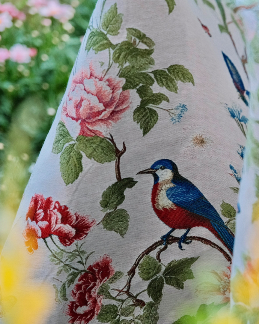 Close view of bluebird and rose print on tablecloth fabric
