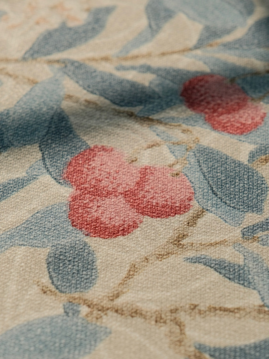 Close up texture of botanical floral tablecloth fabric