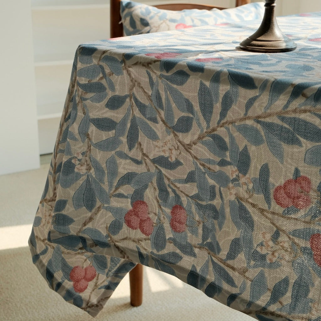 Soft linen texture floral tablecloth corner detail
