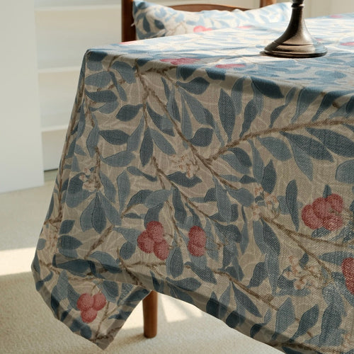 Soft linen texture floral tablecloth corner detail