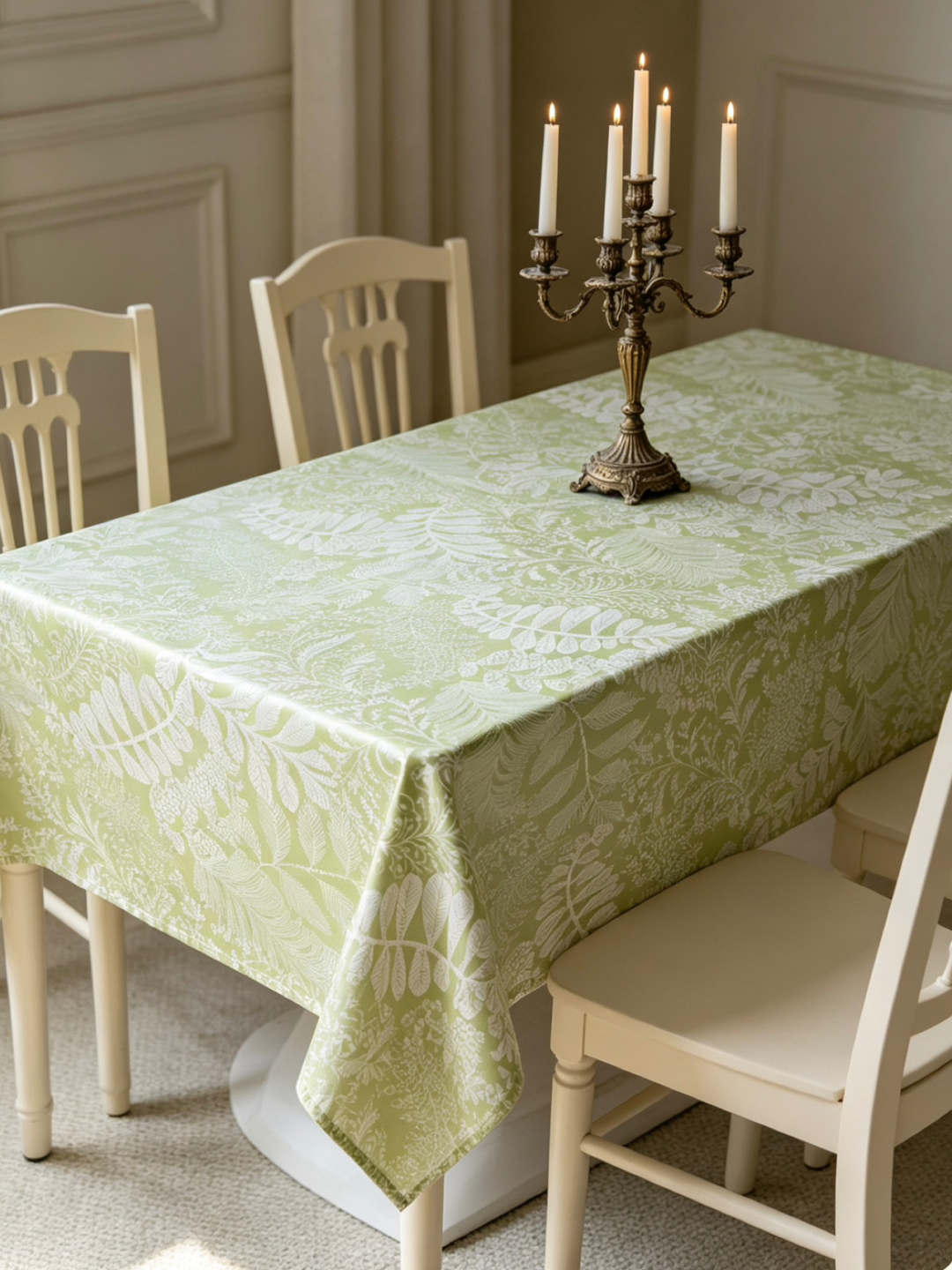 Sage green farmhouse tablecloth covering rectangular dining table