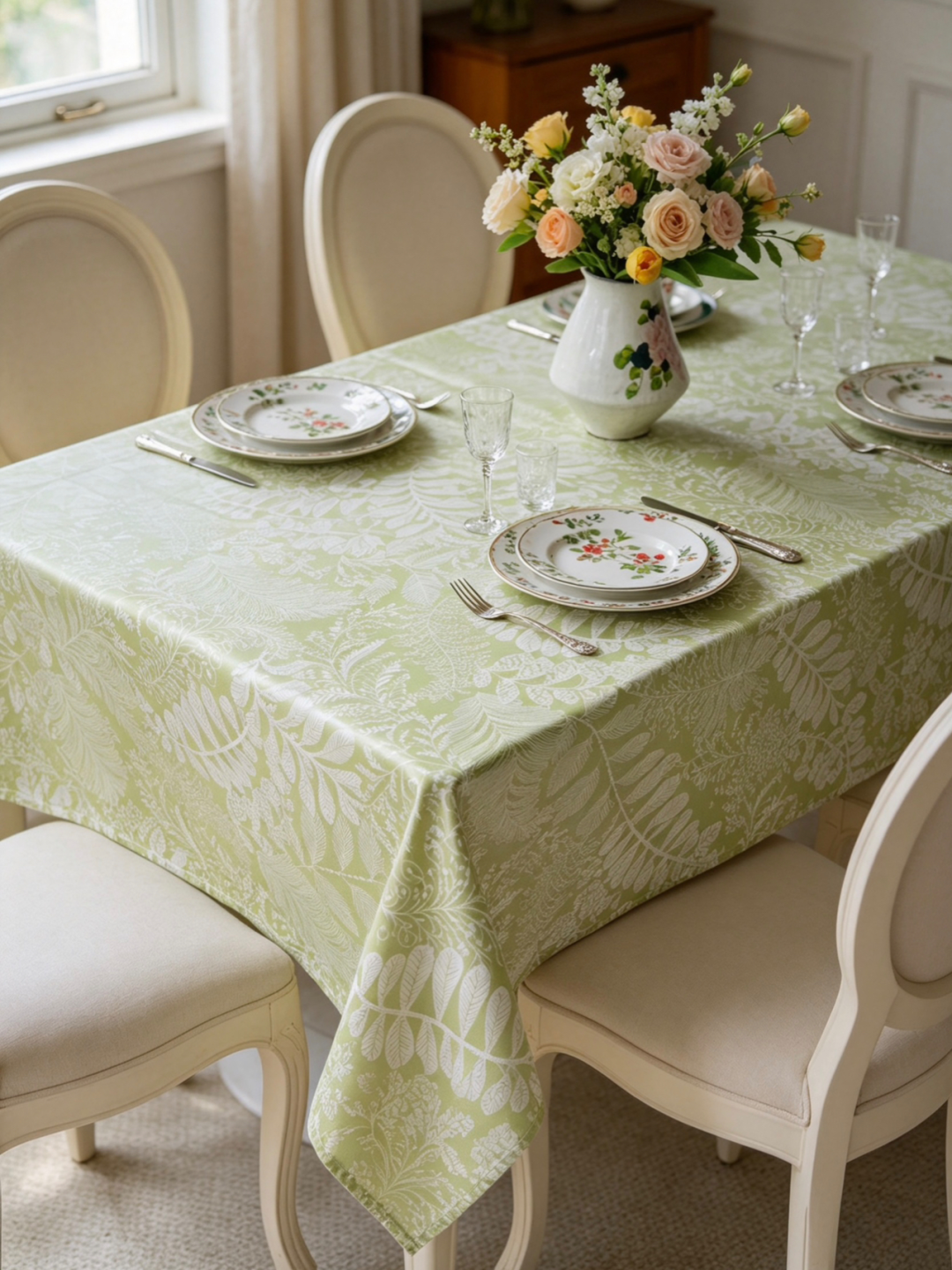 Botanical tablecloth styled for spring dining with floral table setting
