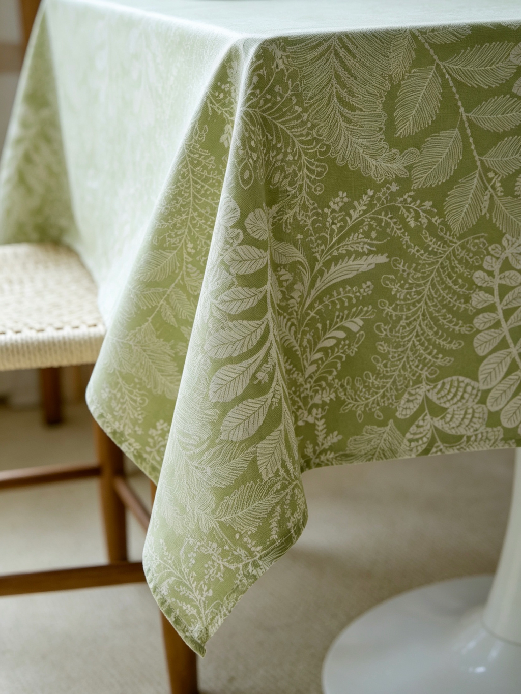Soft green botanical tablecloth draping over dining table edge