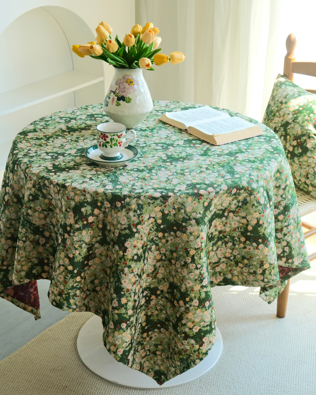 Soft green botanical floral tablecloth for garden inspired dining decor