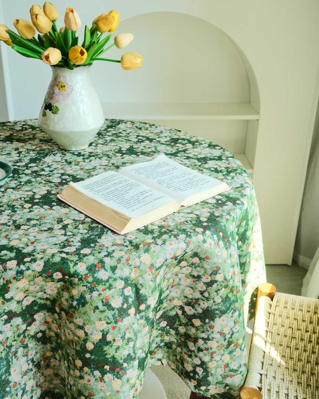 Close up texture of green floral polyester cotton tablecloth