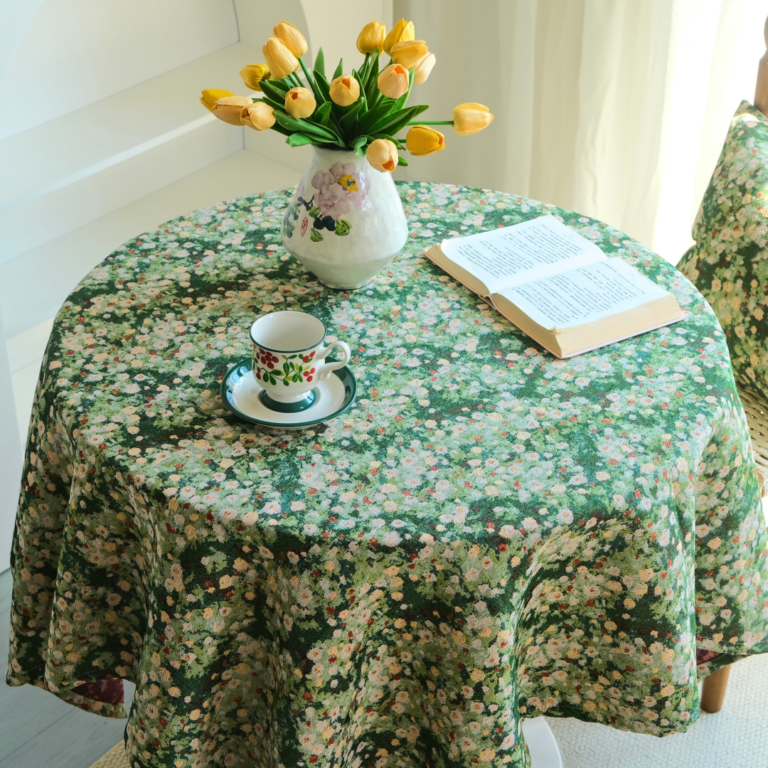 Botanical meadow pattern tablecloth with farmhouse dining setting