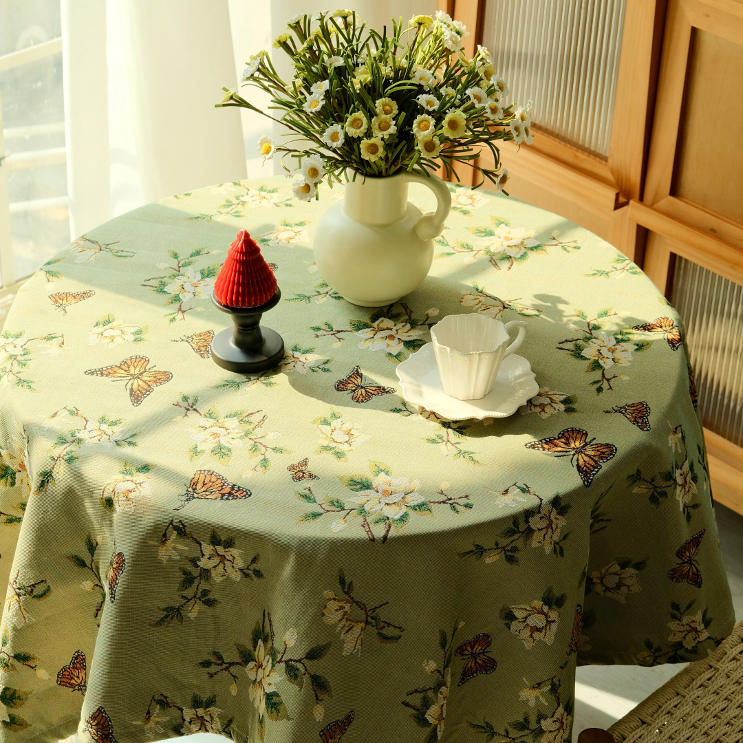 Spring cottagecore dining table with botanical table linen