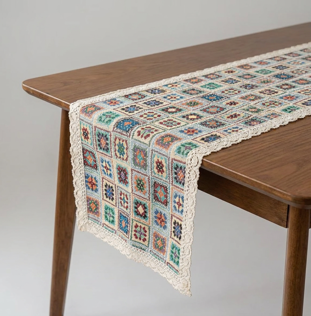 Bohemian Granny Square Table Runner with Lace Trim