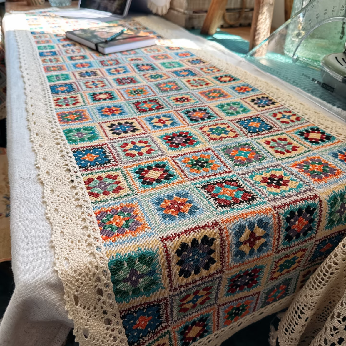 Bohemian Granny Square Table Runner with Lace Trim
