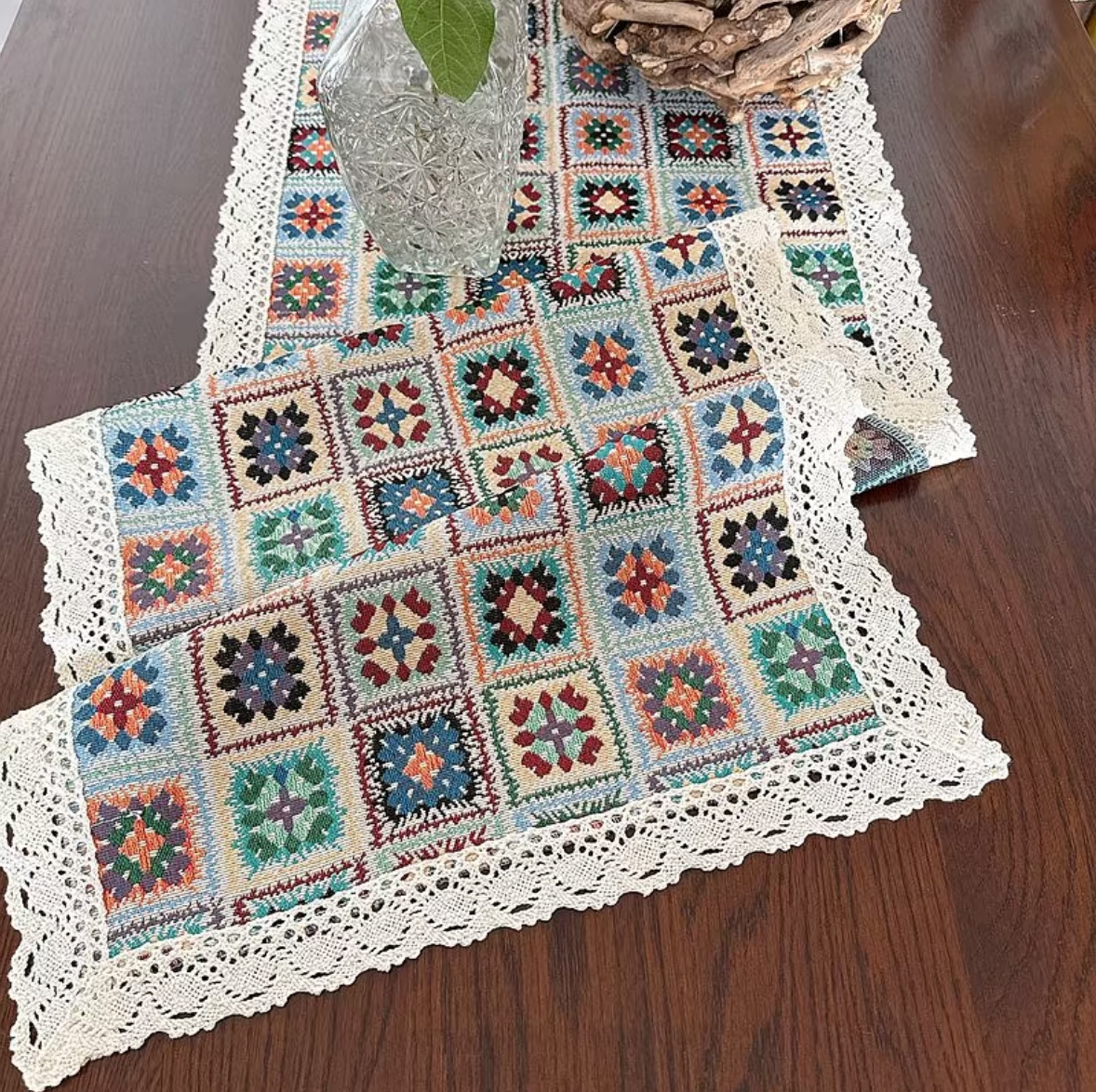 Bohemian Granny Square Table Runner with Lace Trim