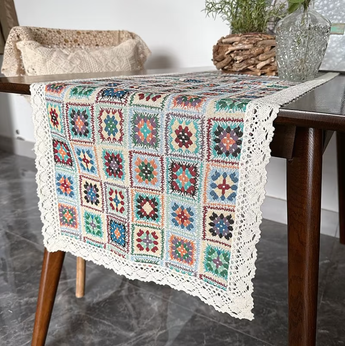Bohemian Granny Square Table Runner with Lace Trim