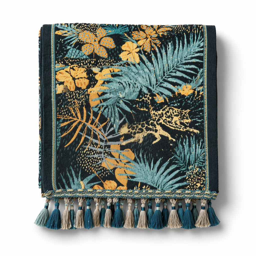 Tropical Jungle Table Runner with Tassels — Boho Leopard Palm Leaf Decor