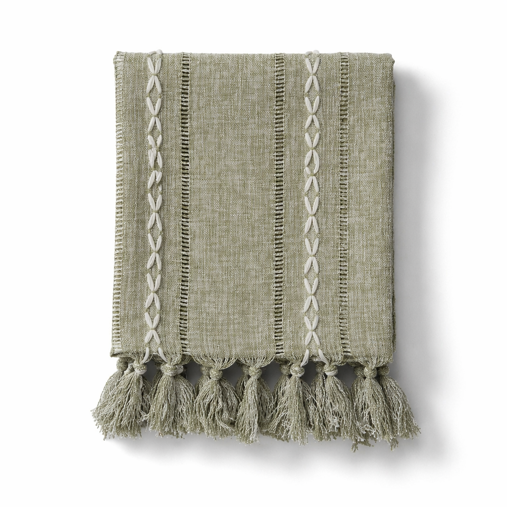 Woven Stripe Table Runner with Tassels — Linen-Texture Farmhouse Decor