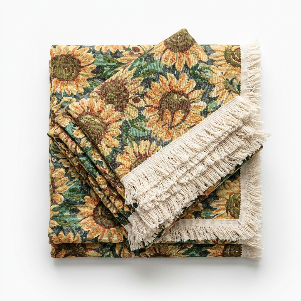 Sunflower Table Runner with Fringe — Golden Floral Farmhouse Decor