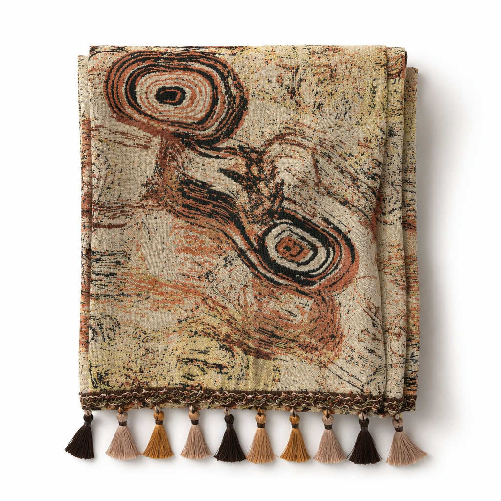 Abstract Swirl Table Runner with Tassels — Terracotta Boho Vintage Decor