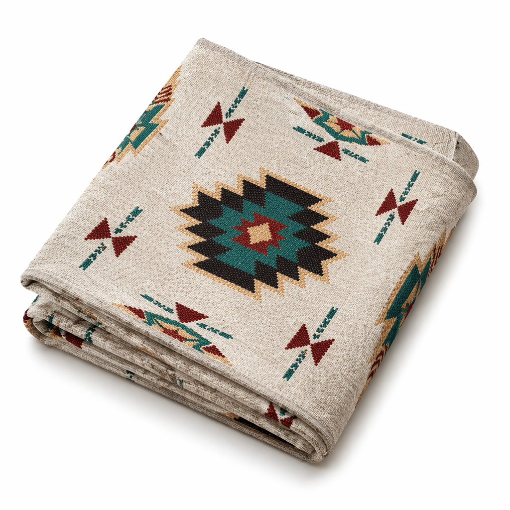 Boho Geometric Table Runner with Fringe — Tribal Aztec Nordic Folk Decor