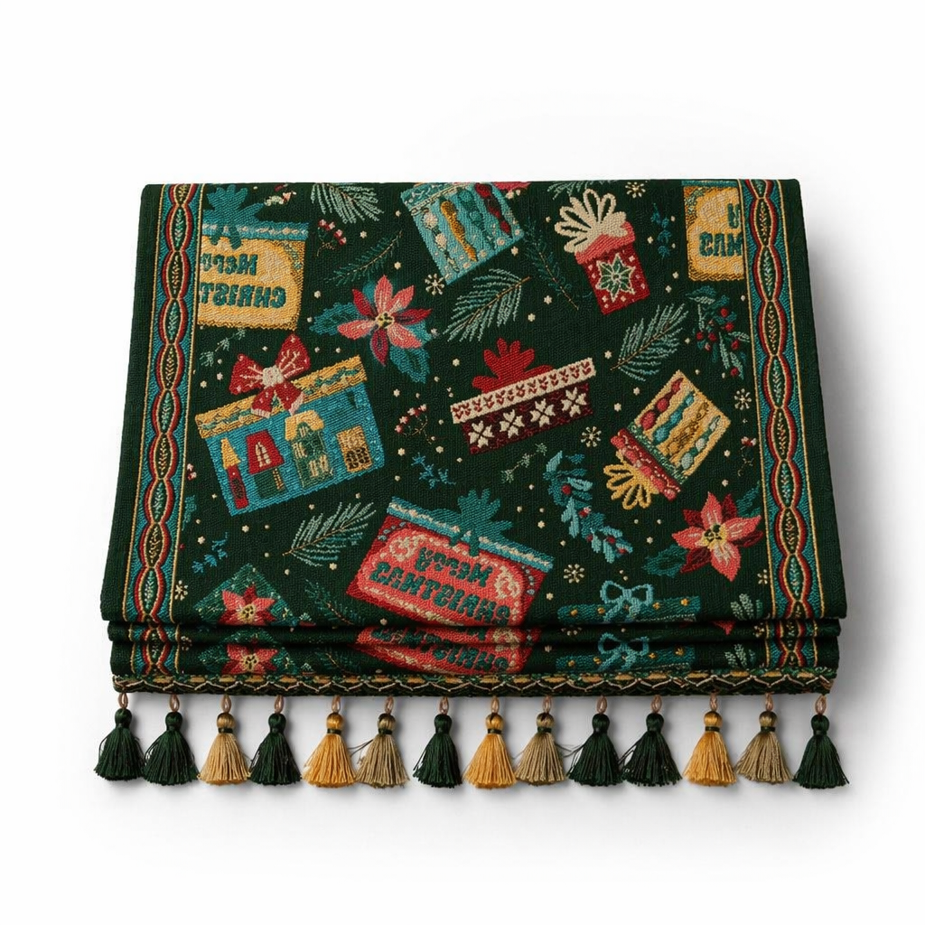 Christmas Table Runner with Tassels — Green Holiday Gift Festive Decor